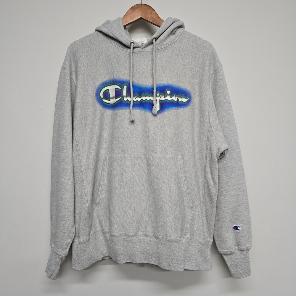 Champion Reverse Weave Hoodie Mens Large Grey Airbrush Logo Streetwear